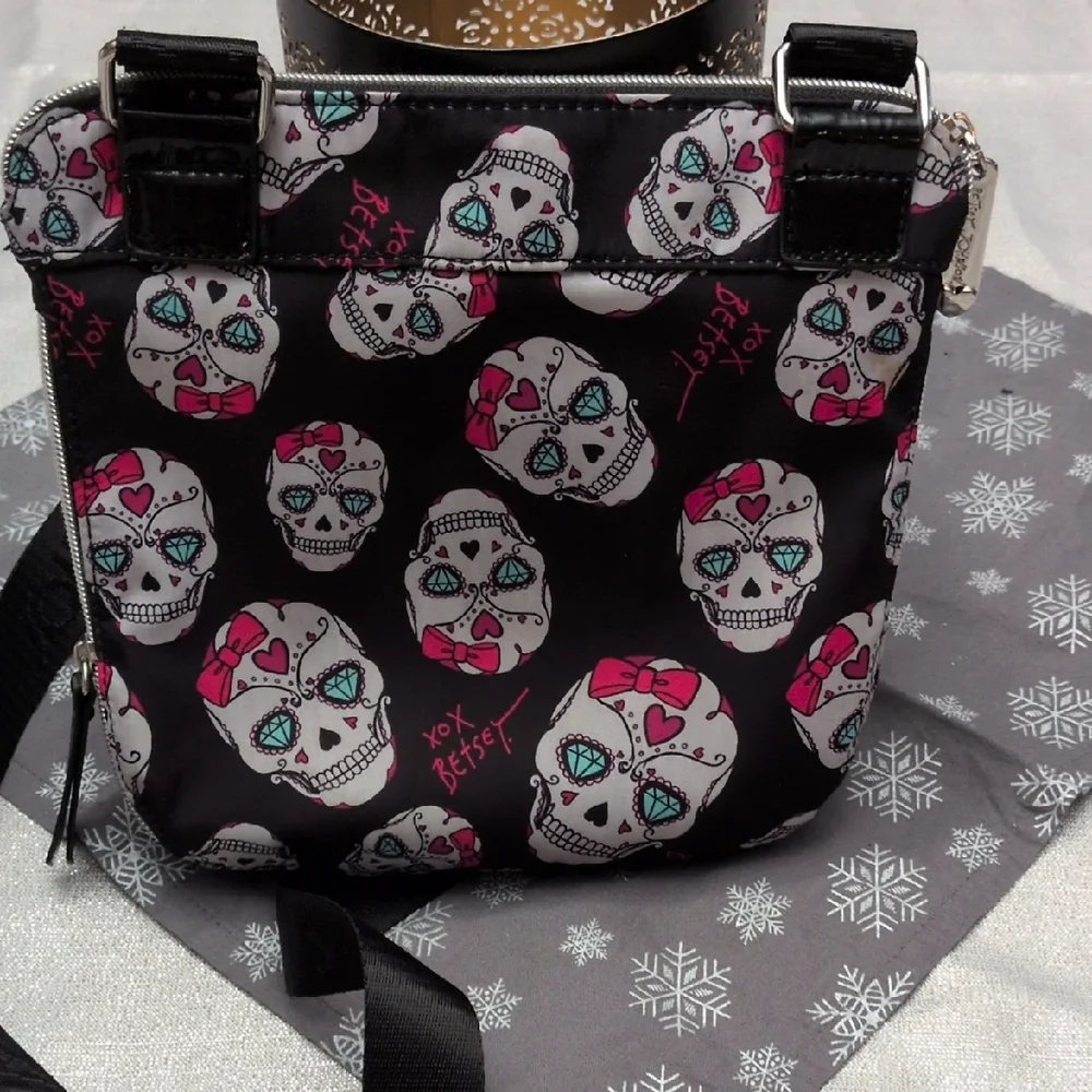 Betsey Johnson Black and Pink Sugar Skull Crossbody Bag